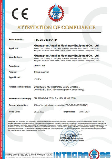 Porcellana Guangzhou Jingyijin Machinery Equipment Co., Ltd Certificazioni