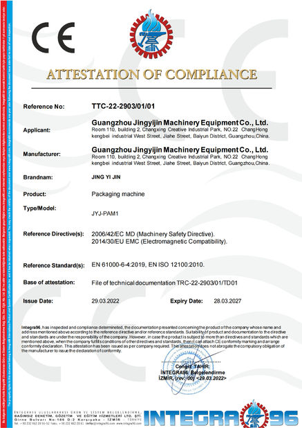 Porcellana Guangzhou Jingyijin Machinery Equipment Co., Ltd Certificazioni